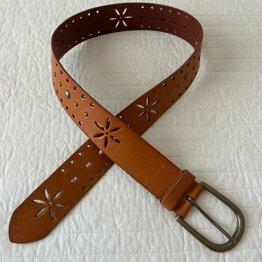 Women's Aldo Tan Leather Belt - Size Large, Flower Cut out and Stud details